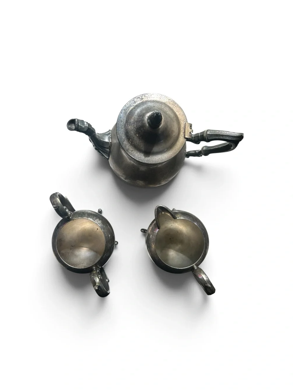Vintage Gothic Silver Tea Set 3pc Tarnished BSC Silver on Copper Dark Academia